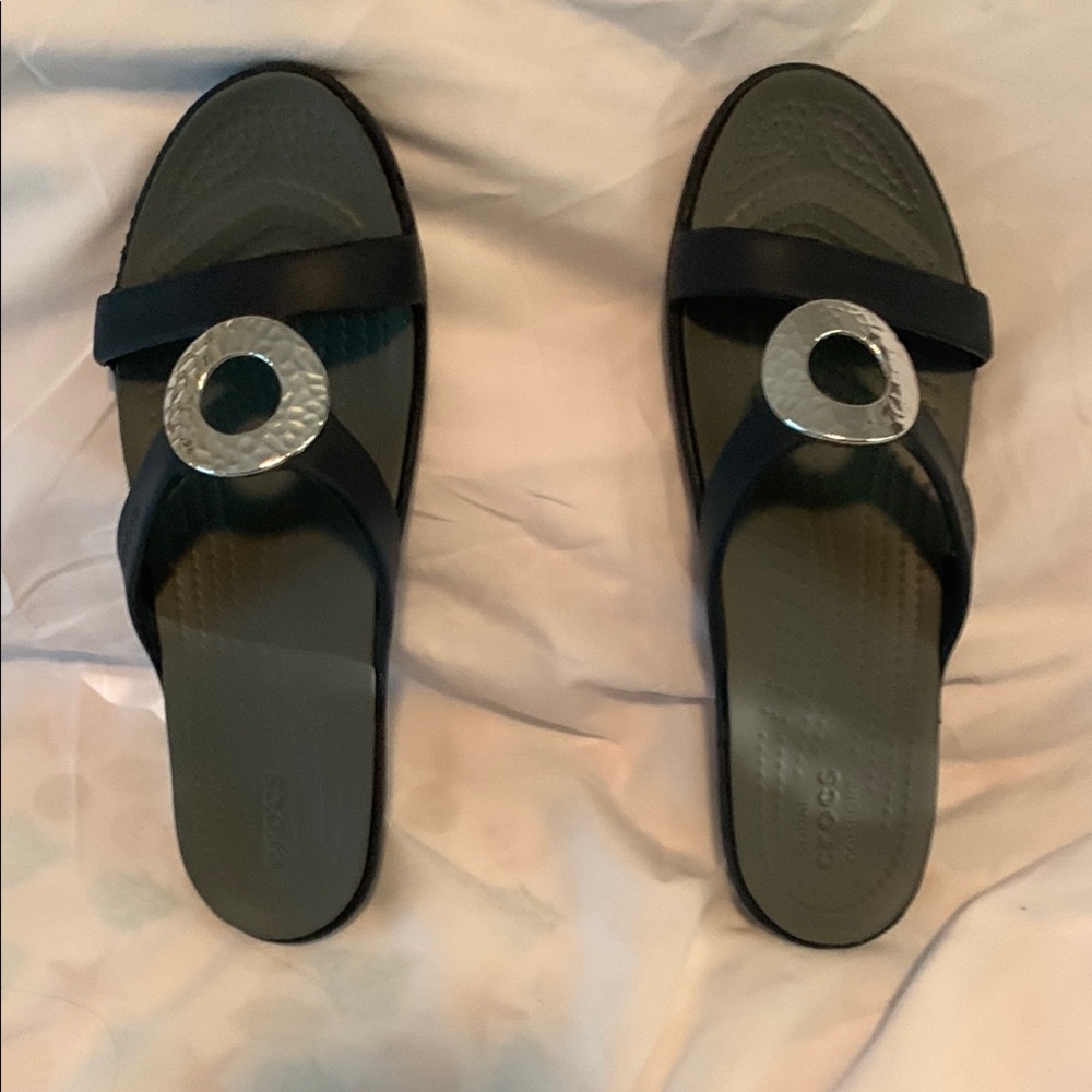 CROCS Dark Navy and Silver Sandals with Minimalist Design